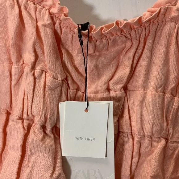 Zara  NWT Peach Linen Elastic top bubble hem beads bow tight ref 8372/113/696 - Picture 11 of 15